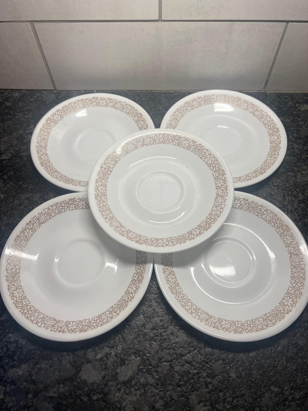 Corelle 6” saucers. Set of 5 White Saucer Set. Woodland Brown